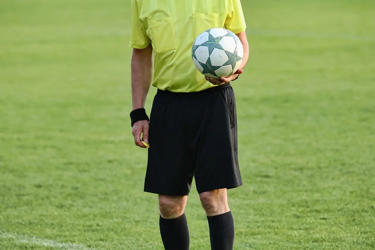 Dommer holder en fodbold på en græsplæne